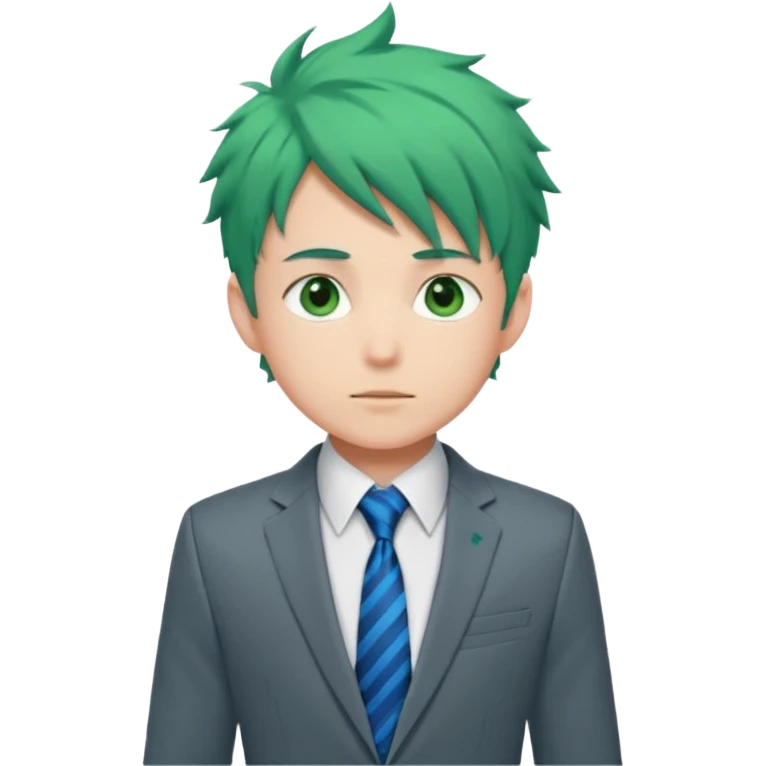 deku : boy anmie green hair green eyes in a ua gray jacket and blue tie suit with frenkles emoji