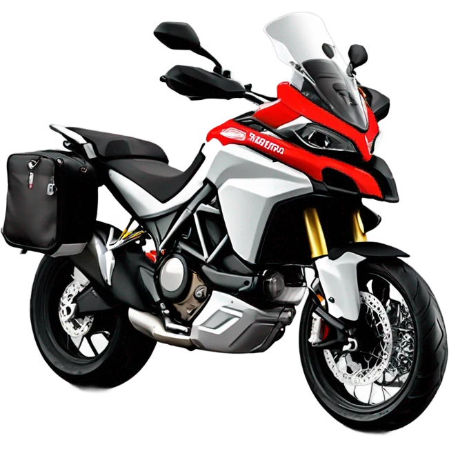Moto de enduro Ducati multistrada roja y negra con bolsas laterales y bolsa trasera. Piloto con casco abierto gris. Vista frontal emoji