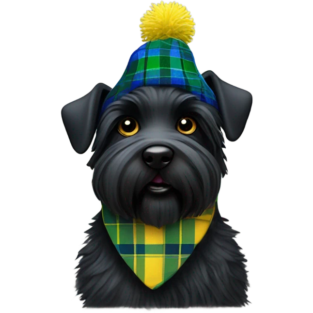 Black Scottie dog wearing a blue and green tartan tam hat with a yellow Pom-pom on top  emoji