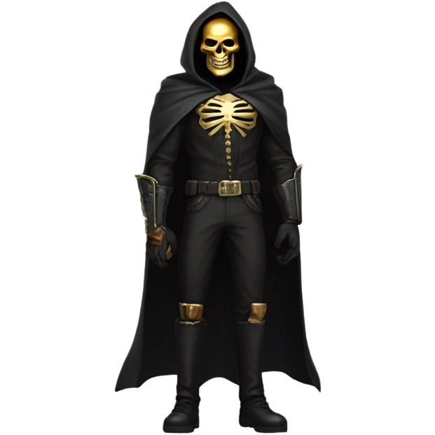 Bounty Hunter Boss with black cape and a gold skull jaw mask from death Stranding, full body view emoji