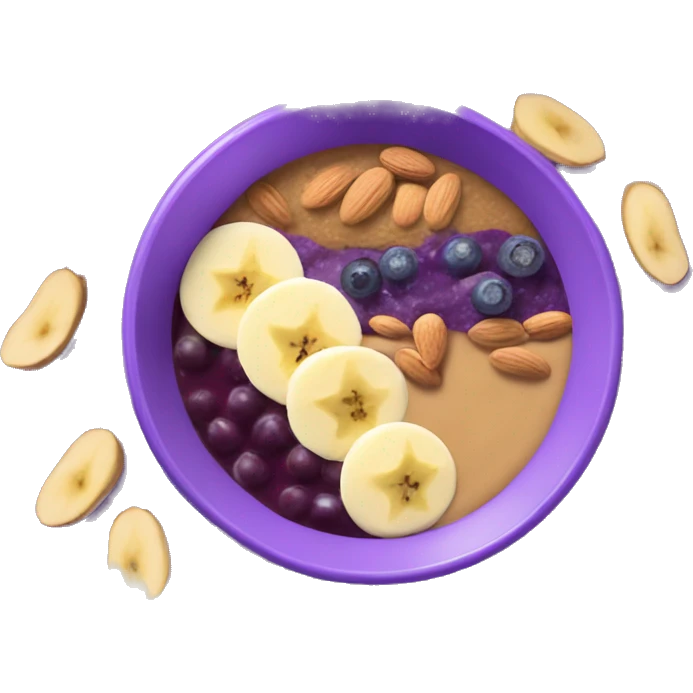 Purple acai bowl layered with peanut butter, banana, almonds emoji