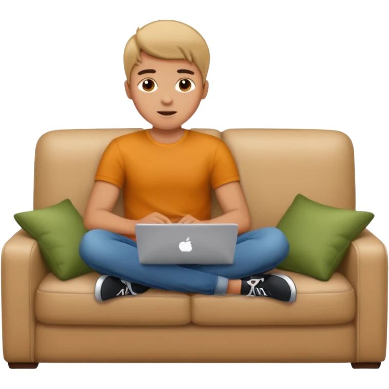 A young guy is lying on the sofa with a laptop emoji