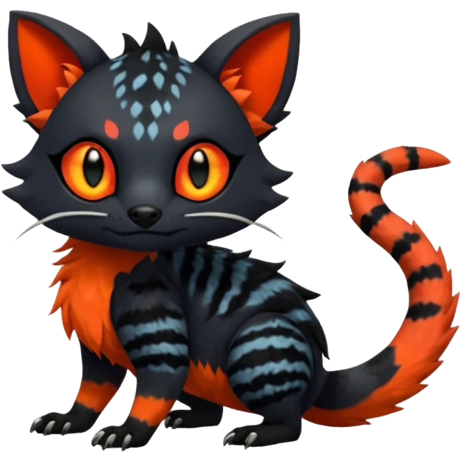 Rare exotic realistic cute epic aesthetic gothic colorful Salandit-Litten-Quilava-Civet-species-Fakemon-hybrid-creature, with markings, full body emoji