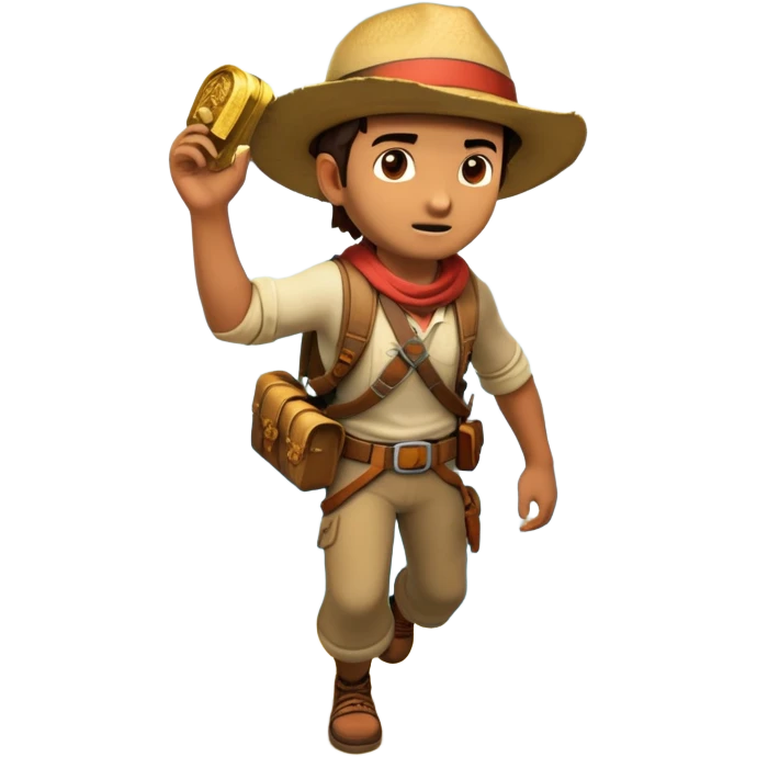 an adventure game, inspired by Uncharted-2. The design features a rugged explorer navigating through ancient ruins, with treasure and obstacles in the background. A dynamic environment with jungle, cliffs, and puzzles highlights the thrill of discovery and action. Transparent background. emoji