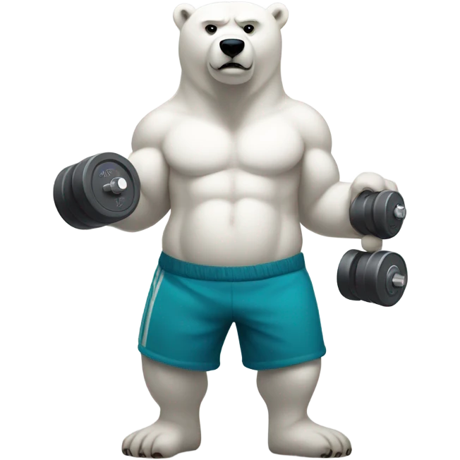 A polar bear with muscles joggers curling a dumbbell  emoji