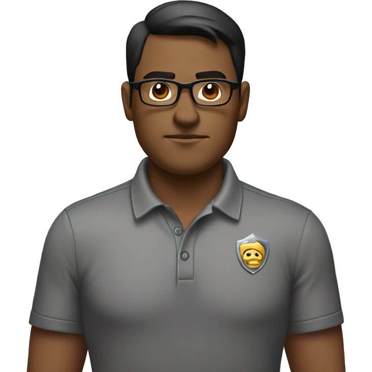 A man with short dark hair, wearing glasses and a gray polo shirt with a badge on it, standing in front of a glass background. He has a serious expression and his arms are crossed. emoji