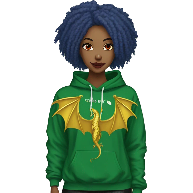 420 Lady with brunette and blue hair, hemp, gold, green dragon wings, maroon hoodie, 420, black and gold Nike t shirt, and bright red eyes emoji