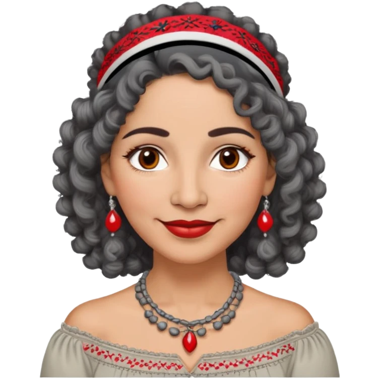 Latina woman, about 50 years old, warm light brown skin, round soft face, curly black and gray hair, red and white headband, medium eyes, thin eyebrows, gentle smile, gray peasant blouse with embroidery, bare shoulders, large dark necklace emoji