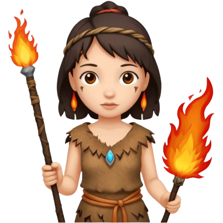 ancient girl, tattered animal skin cloth, hold fire stick emoji