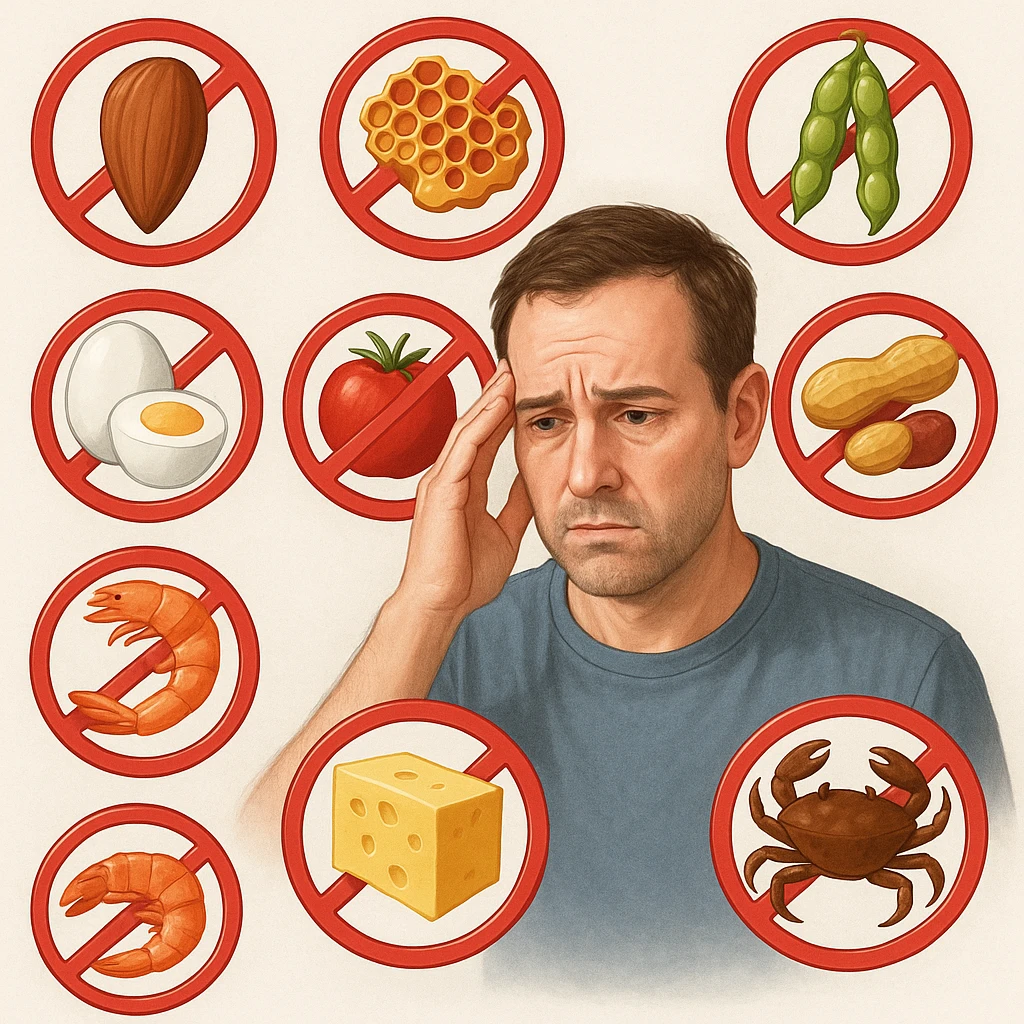 A 40-year-old man suffering from food intolerances, inspired by the reference image, with a worried expression, forbidden food symbols floating around him. Realistic or illustrative style with a light background. emoji