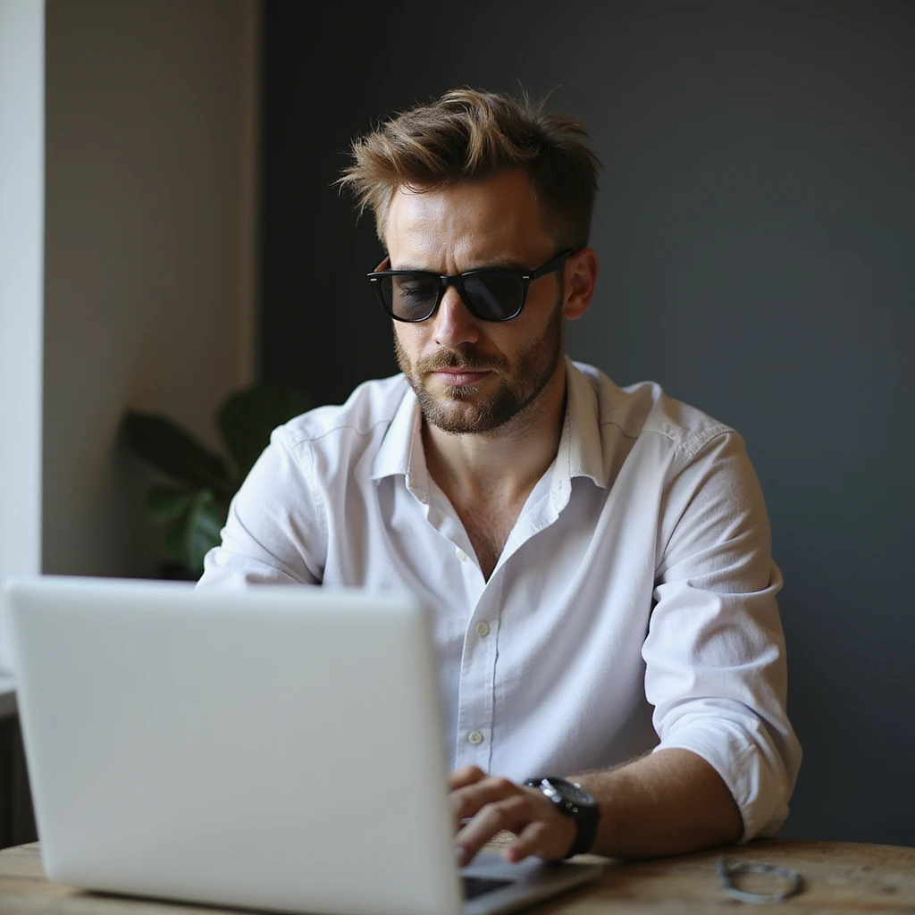 a guy wearing a cool sunglasses working on laptop, office , team emoji