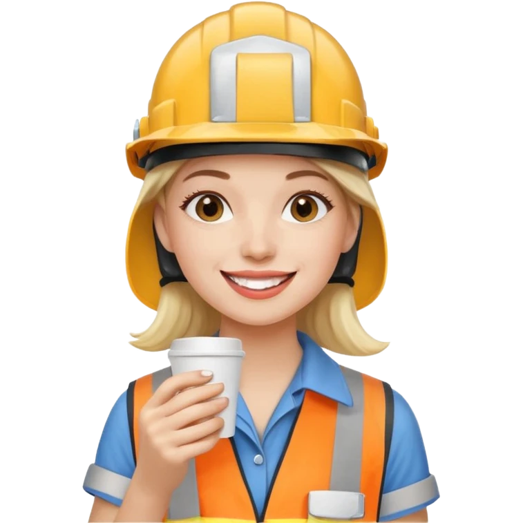 сделай молодую девушку с стаканчиком кофе, в каске, жующую жвачку emoji