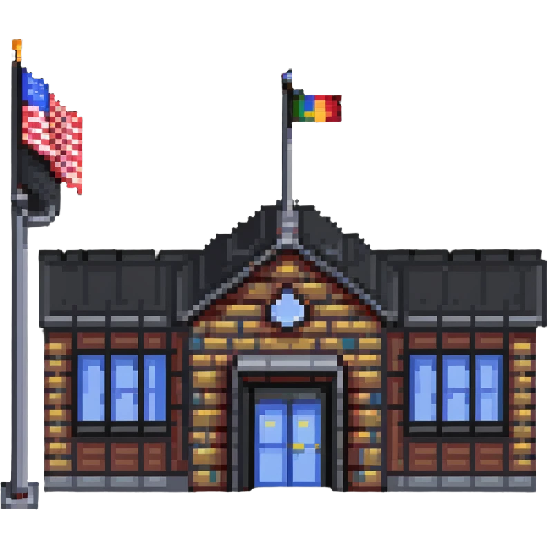 school building with classroom windows, entrance door, and flag pole emoji