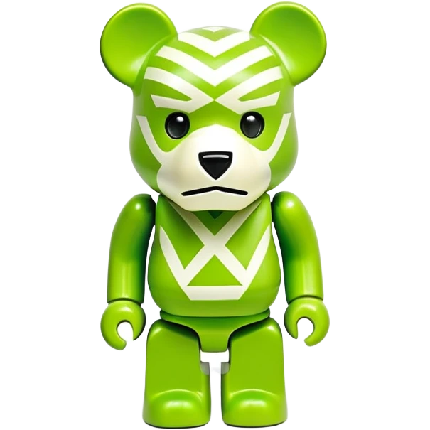 authentic bearbrick figure with geometric bear head, lime green mask with Off-White diagonal stripes logo, distinct eyebrows, collectible toy emoji