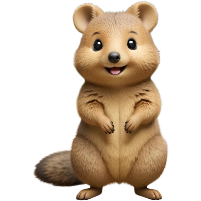 cinematic-quokka-realistic-full-body-standing on its hind legs hunched over-emoji,-small-round-frame-balanced-on-tiny-strong-hind-legs,giant fluffy cheeks large smile-fluffy-brown-fur-radiating-a-warm-softness skinny tail, ,-big-round-eyes-filled-with-joy-and-innocence,-tiny-clawed-paws-held-close-to-chest,-cheerful-smile-exuding-endearing-happiness,-simplified-yet-realistic-focused-features,-highly-detailed,-glowing-with-a-sunny-warmth, expressive eyes  emoji
