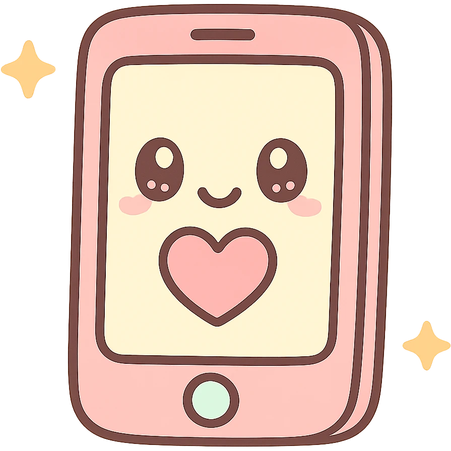 cellphone, kawaii chibi anime style, flat pastel colors, thick outlines, simple cute features, with a heart on the screen emoji
