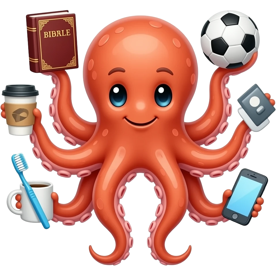 une pieuvre qui est multitache avec la Bible, un ordinateur, un ballon de foot , qui bois du café, une brosse à dent, le téléphone et que chaque tentacule tien emoji