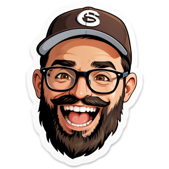 A man with a grey baseball cap, hazel eyes, big dark brown beard and glasses, laughing emoji