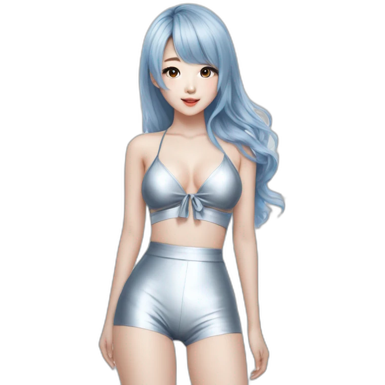 asian korean girl, bikini, kpop idol, full body, trendy hairstyle, pretty girl silver blue hair emoji