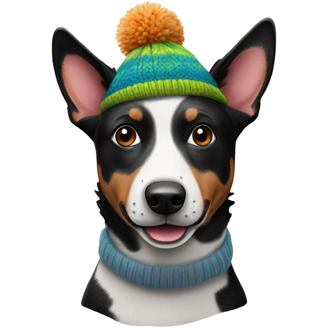 Black & white Australian cattle Dog wearing a knit hat emoji