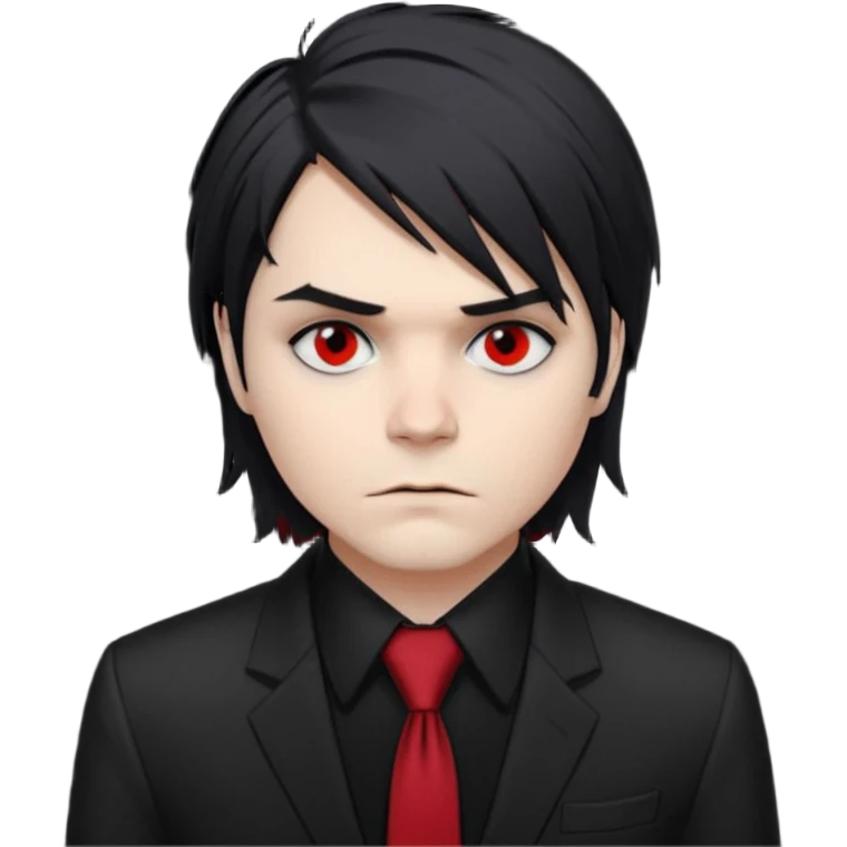 Gerard Way (Revenge Era)
Round, simplified emoji style
Pale skin tone
Jet-black, shoulder-length hair messy and emo
Heavy eyeliner and slight red shadow under the eyes
Subtle serious
Hint of red tie visible on black button up shirt.
Transparent background. Black eyeliner. Messy emo hair emoji