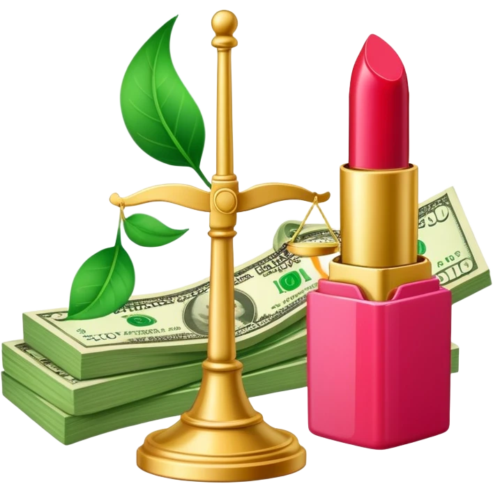 gold scale with green dollar bills on left side and lipstick and nail polish on right side emoji