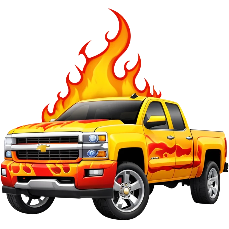Bright yellow Chevrolet Silverado with professionally airbrushed red flame artwork with orange highlights, custom paint job like in Kill Bill, 30-degree angle showing detailed flames, iOS emoji style emoji