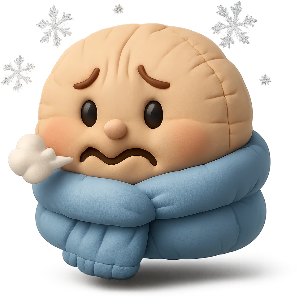 cute plush face, scarf wrapped tightly, shivering, snowflakes around, cold weather emoji