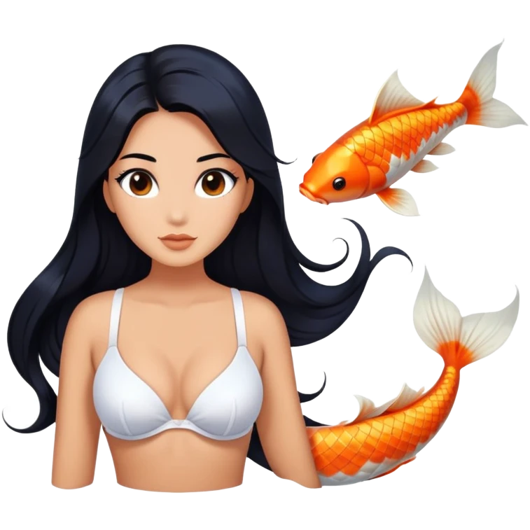 mermaid, long black hair tanned woman, koi fish tail, white shell bra emoji