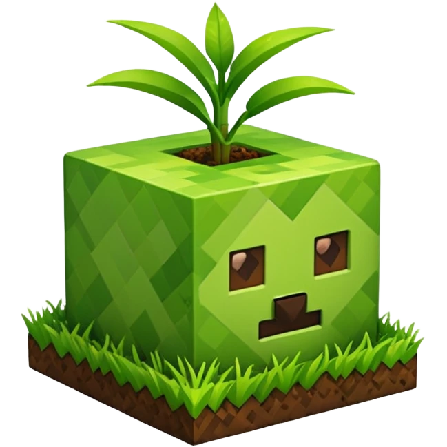 A 3D Apple-style emoji of a Minecraft grass block, cubic shape, with bright green grass on top and brown soil with pixel texture on the sides, simple and cute cartoon design. emoji