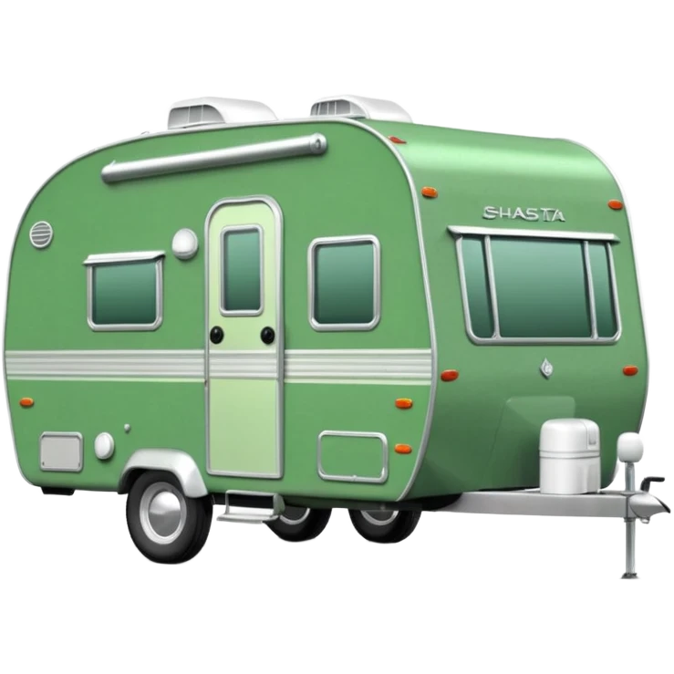 Shasta travel trailer, colored all green, the same green shade as movie trailer green preview card, light grey tires and grey hitch emoji