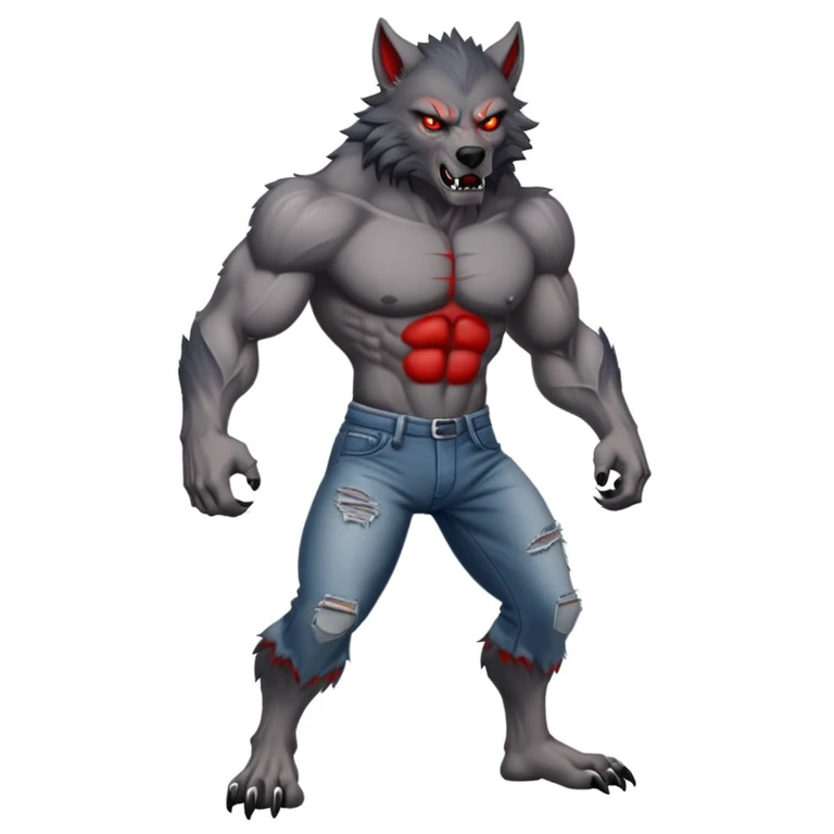 Muscular grey werewolf with ripped pant and red eyes emoji