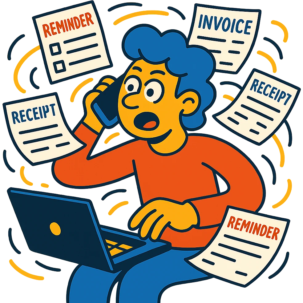 person holding a phone in one hand, laptop open in front, storm of receipts, invoices, and reminders swirling around, multitasking chaos emoji