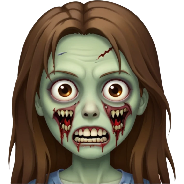 Girl zombie with brown long hair with teeth and serious face IOS style emoji