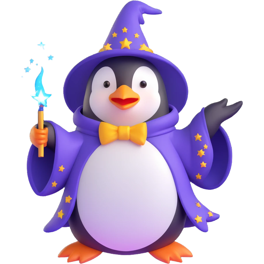 soft rounded 3D style penguin wizard casting a spell, sparkles, starry robe emoji