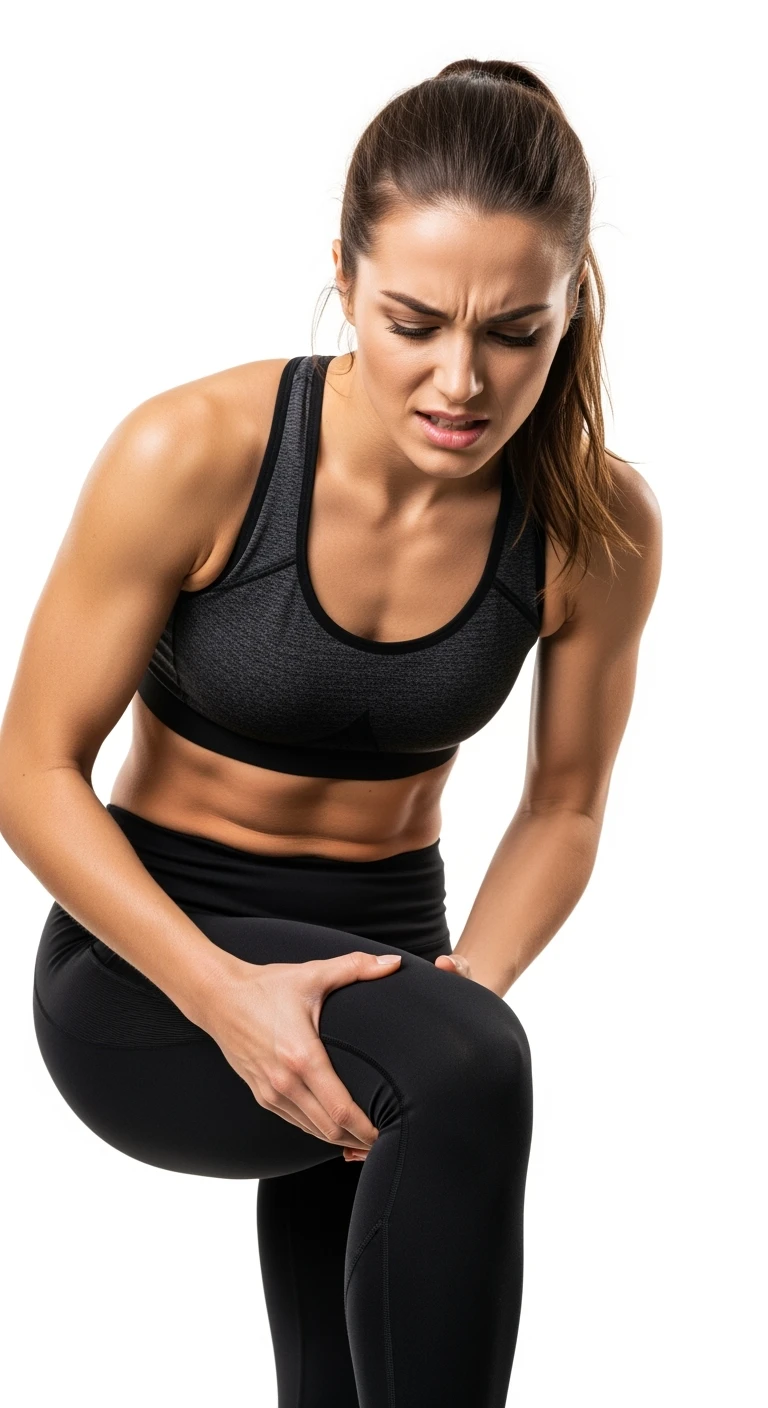 donna fitness che si tocca la gamba dolorante con espressione di dolore in volto, sente le gambe pesanti, iperrealistica 4k, sfondo bianco emoji