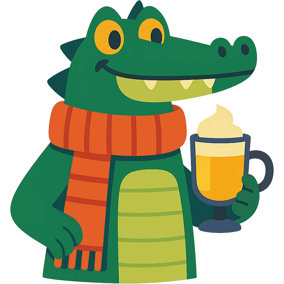 cozy winter vibe crocodile wearing a scarf holding a Bombardino cocktail emoji