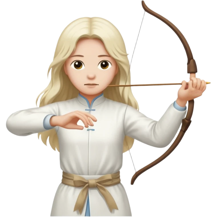 pratiquant de qi gong aux cheveux longs, habits noirs ou blancs, qui tire l'arc vers la gauche emoji