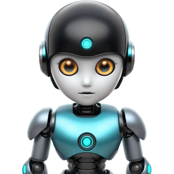 Cute futuristic chibi humanoid robot with large rounded head, glossy black and grey metal body, glowing cyan and amber eyes, visible joints, confident pose, white background, high-detail 3D render, add text on chest "LMX". emoji