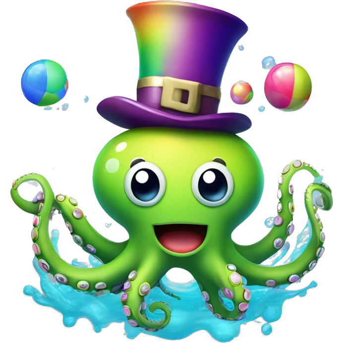 Design an emoji of a playful octopus wearing a tiny top hat and monocle, juggling colorful beach balls with its tentacles. The octopus has a cheeky smile, and bubbles float around it, adding a whimsical underwater vibe emoji