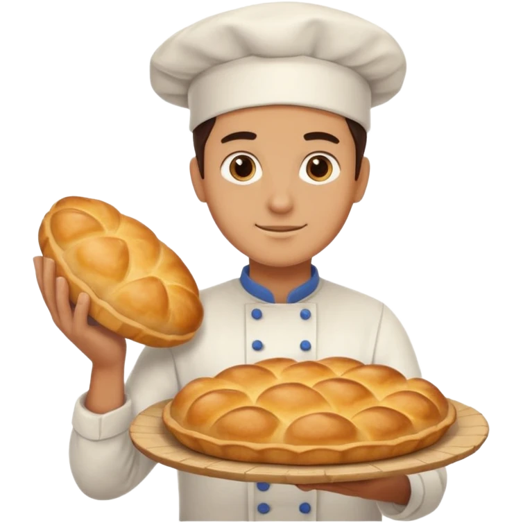 baker holding tray with big bread emoji