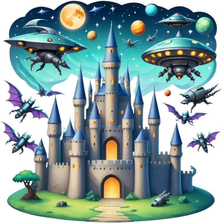 Icon for Fantasy and Sci-Fi Movies: A magical collage with flying dragons. futuristic spaceships and UFOs. Stars and planets shimmer in the background with a mystical castle Hogvards an ancient wizard and robots. The atmosphere is epic, otherworldly and adventurous. Transparent background. emoji