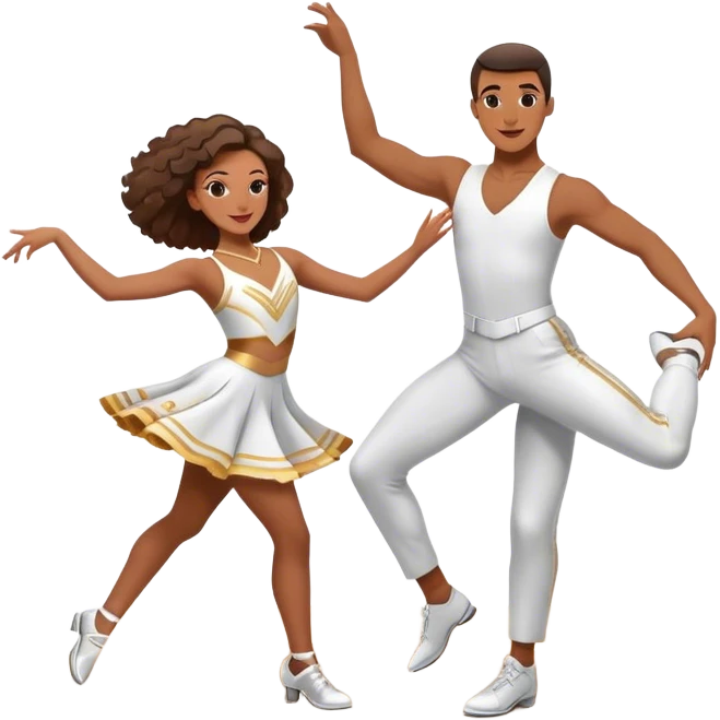 Icon for Sports Dance: a couple performing an energetic and synchronized dance, dressed in competitive dance attire, dance shoes, a rhythmically placed dance floor, and a competition backdrop. The icon should capture the athleticism, technique, and precision of sports dance. Transparent background. emoji