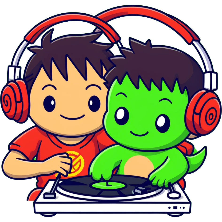 Green Luffy and green Alastor listening to music together emoji