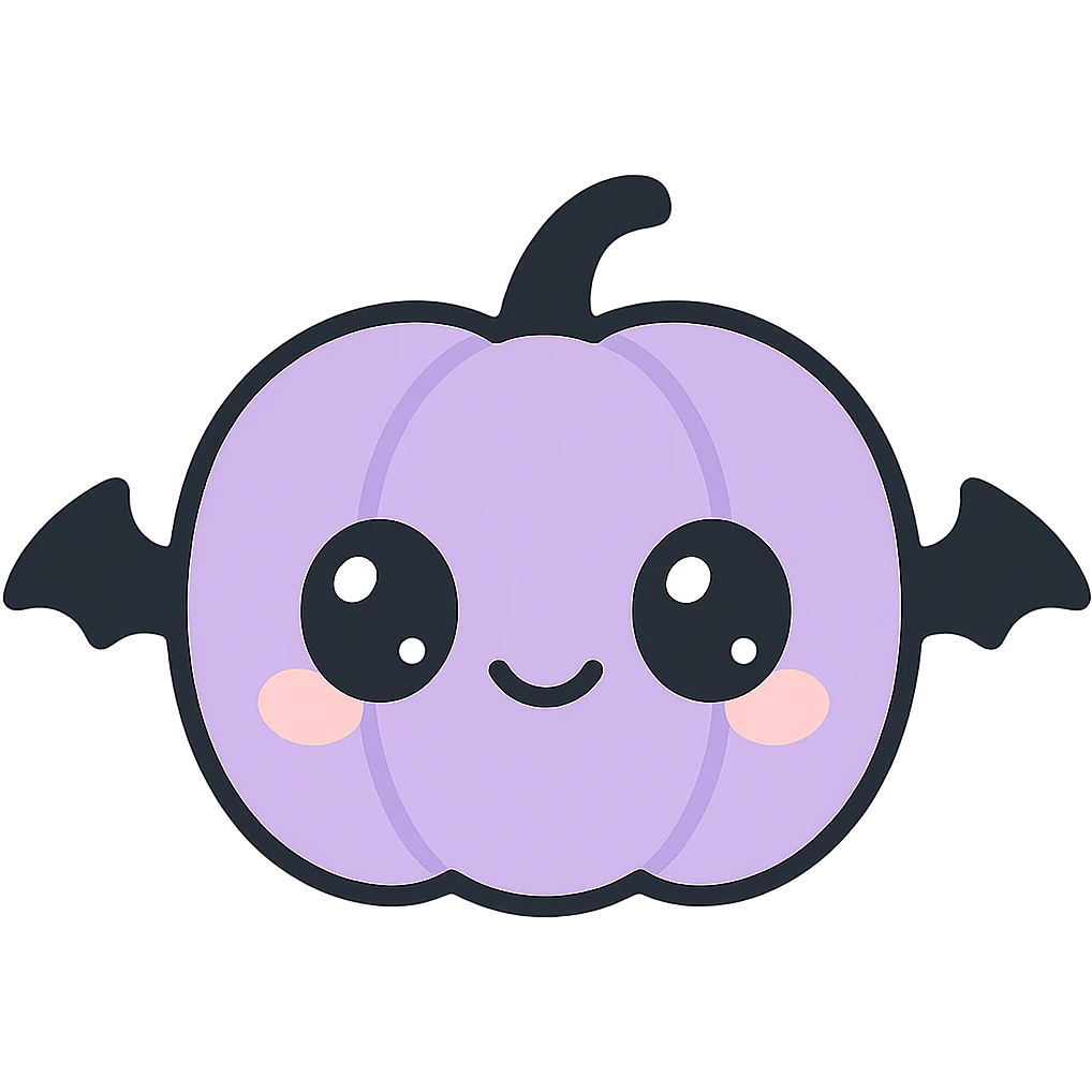 kawaii style gothic pumpkin, smiling face, black and purple, big eyes, tiny bat wings, fun and cute emoji