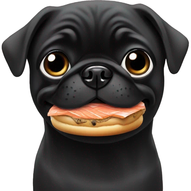 Black pug eating a bagel with salmon  emoji