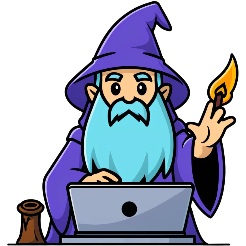 A wizard casting magic spells on a computer, IT wizard emoji