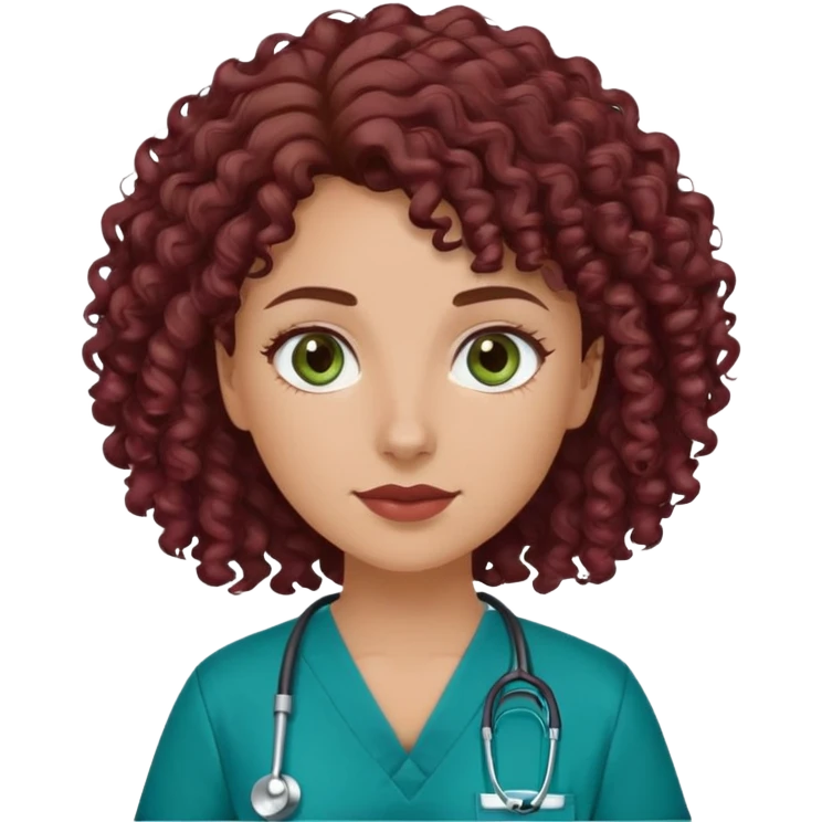white girl with brown curly 2c/3a hair, fractals,greenish blueish eyes,  who is a nurse with burgundy scrubs on emoji