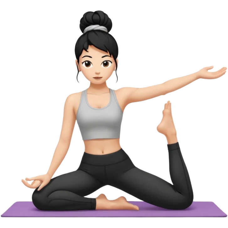 white girl with black long hair in a messy bun doing difficult yoga emoji