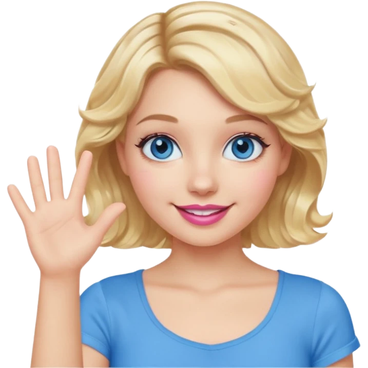 Girl Blonde short wavy hair,  blue eyes, cute blue top, long lashes, pink lips, smiling, one hand palm up emoji